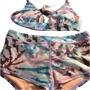 Raisins Girl's 2 Pc MALIBU Bikini Shorts Pink Blue Tie Dye Size 10 Swimsuit $34